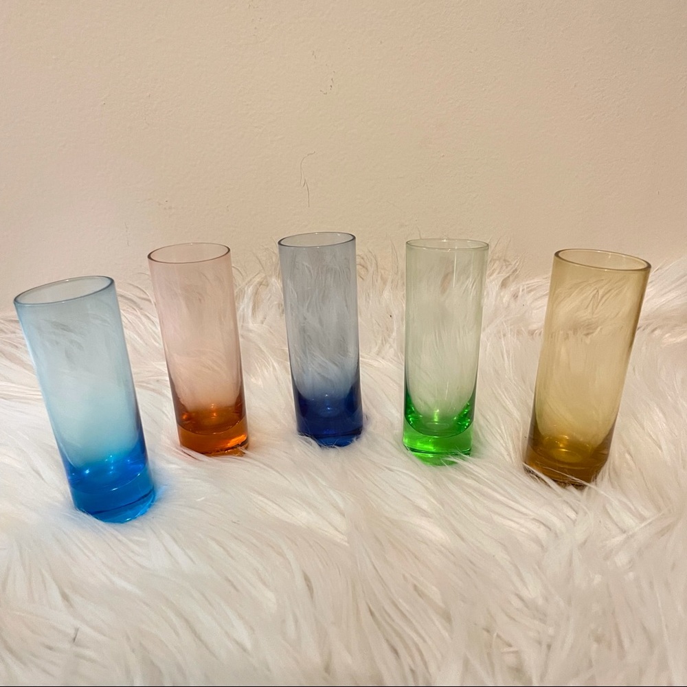 Lot of 5 vintage mid century modern colorful shot glasses bar amber blue green